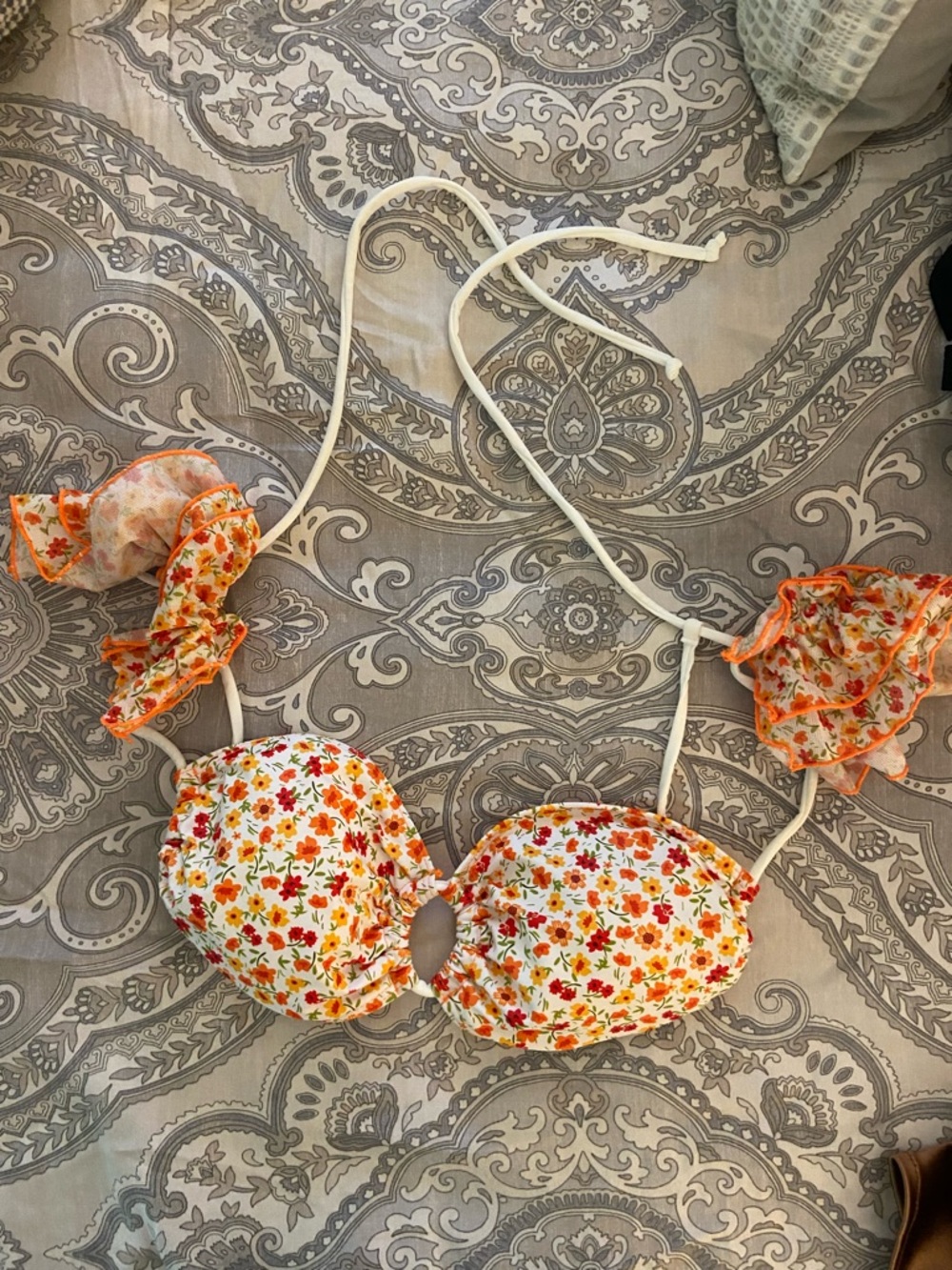 Floral Ruffle String Bikini Top - Orange Multi